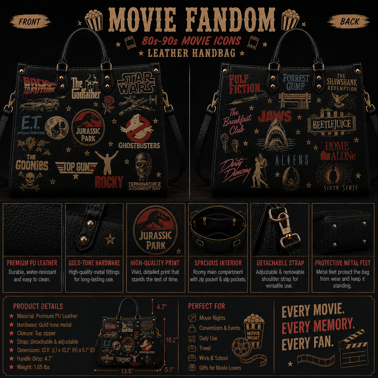 Classic Movie Legends Faux Leather Handbag – Vintage Cinema Shoulder Tote Bag for Movie Lovers