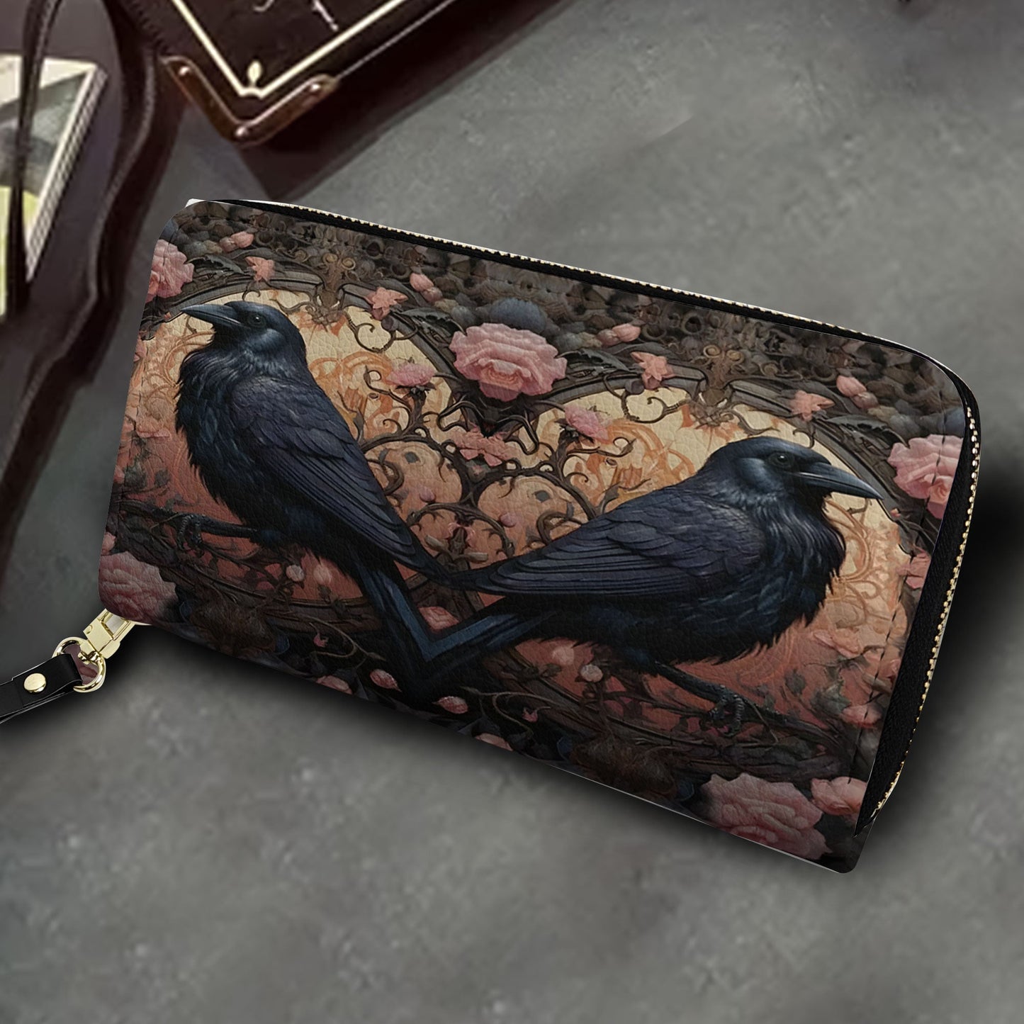 Gothic Raven Roses Leather Handbag & Wallet Set – Dark Romance Elegance