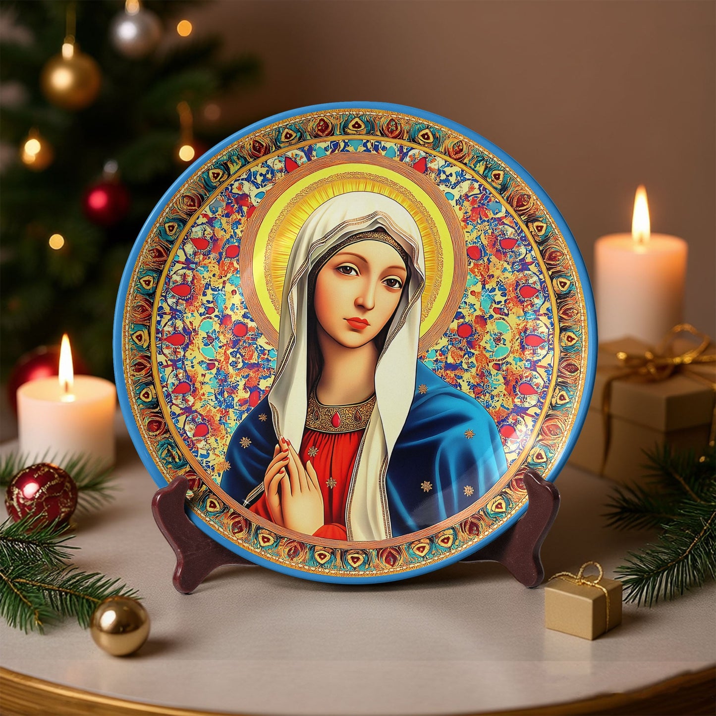 Virgin Mary Icon Decorative Ceramic Plate – Blessed Mother Religious Art