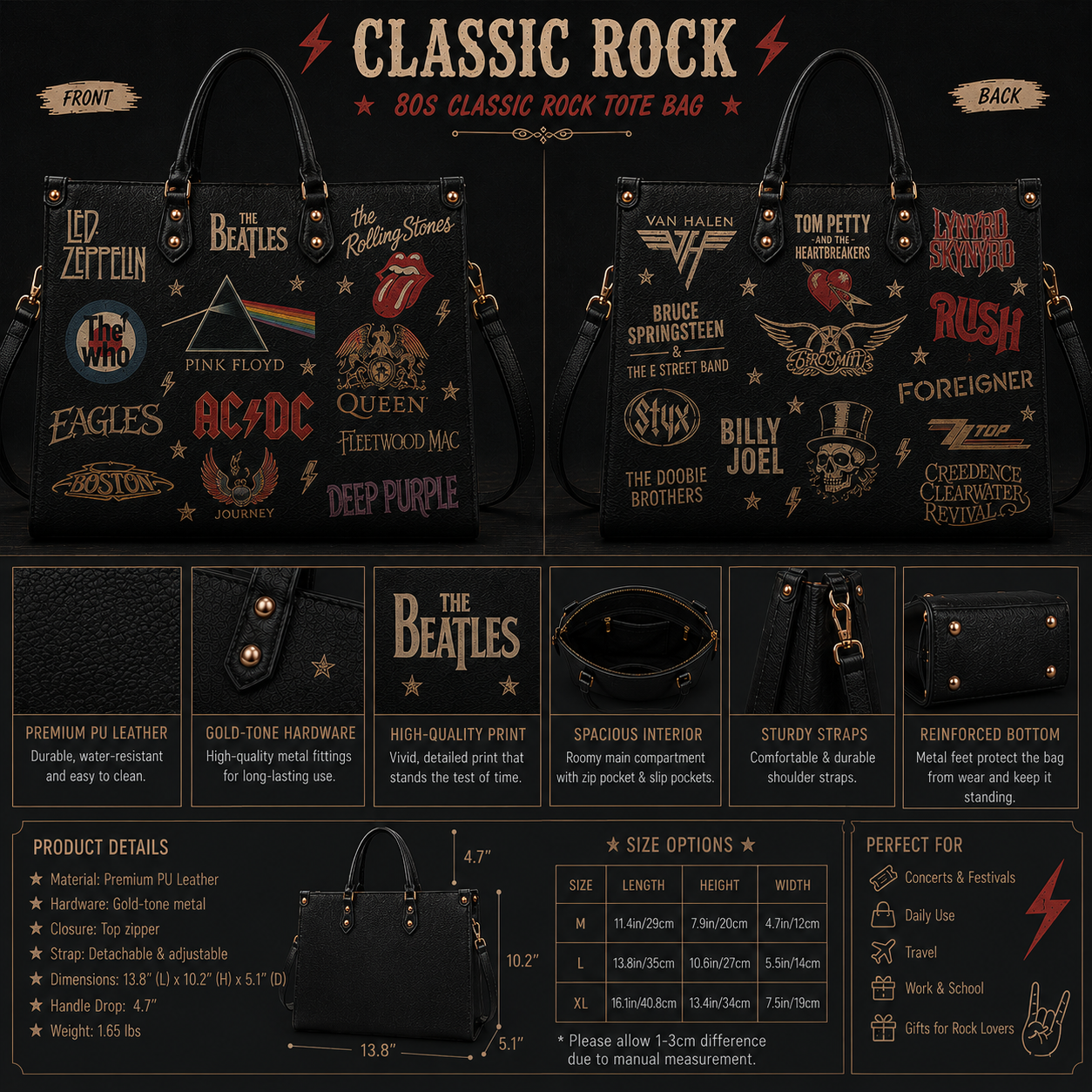 Classic Rock Legends Faux Leather Handbag – Vintage Rock Band Shoulder Tote Bag for Music Lovers