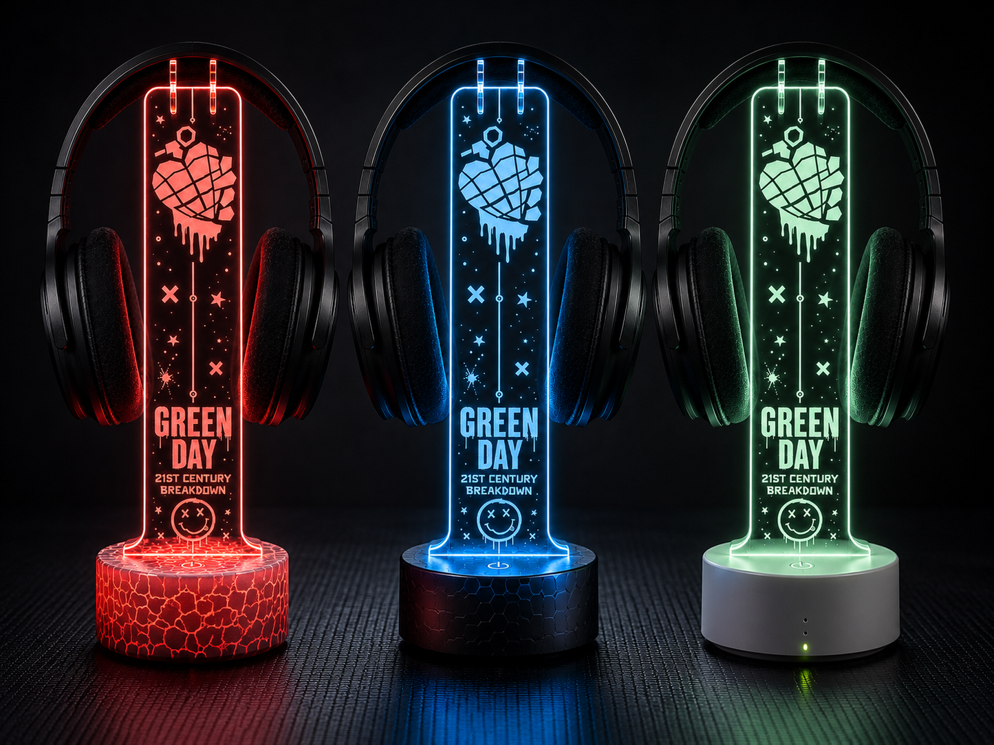Green Day LED Acrylic Headphone Stand – RGB Desk Headset Holder, Music Fan Gift, Gamer Headphone Display With Remote Control