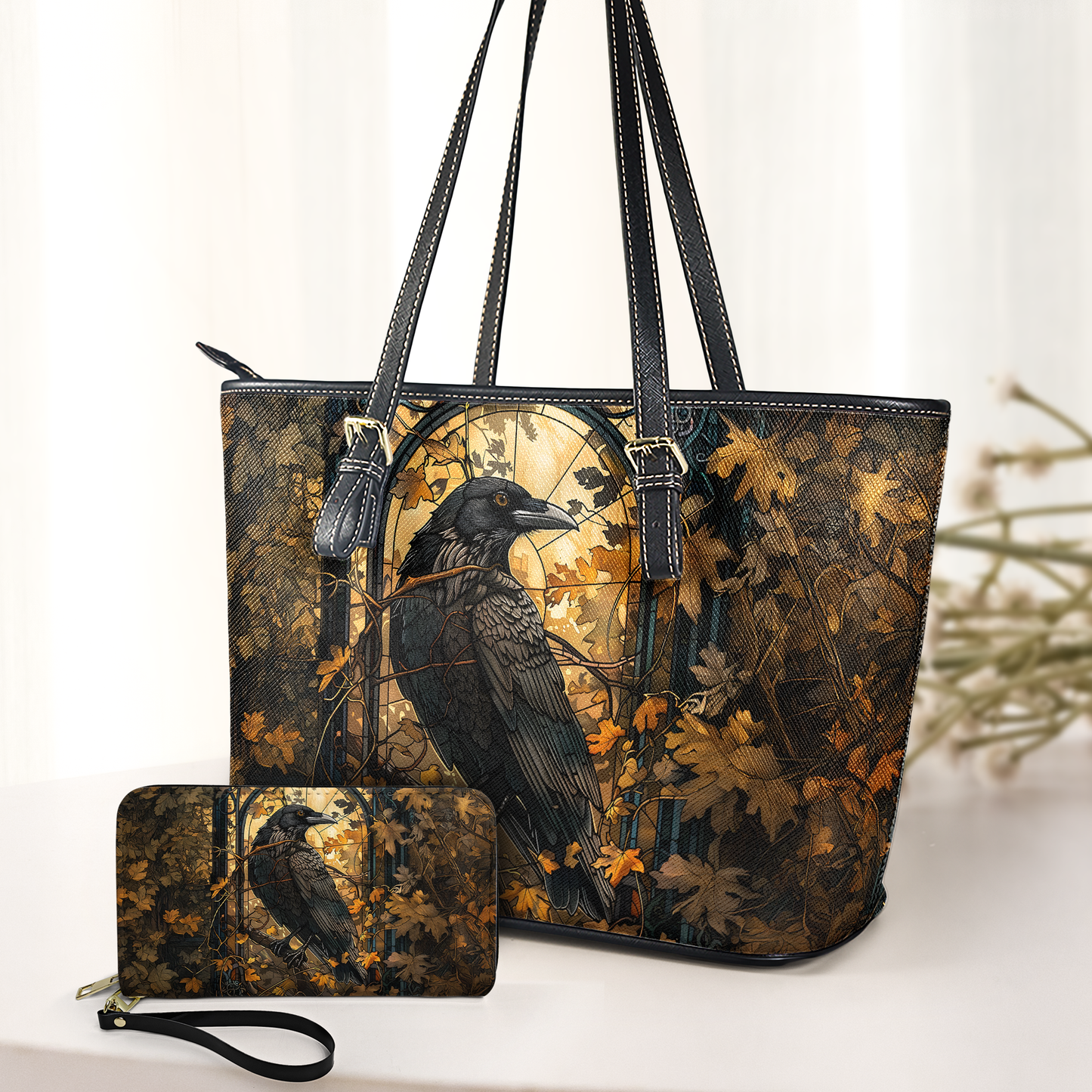Autumn Raven Gothic Art Leather Handbag – Dark Forest Aesthetic Statement Bag