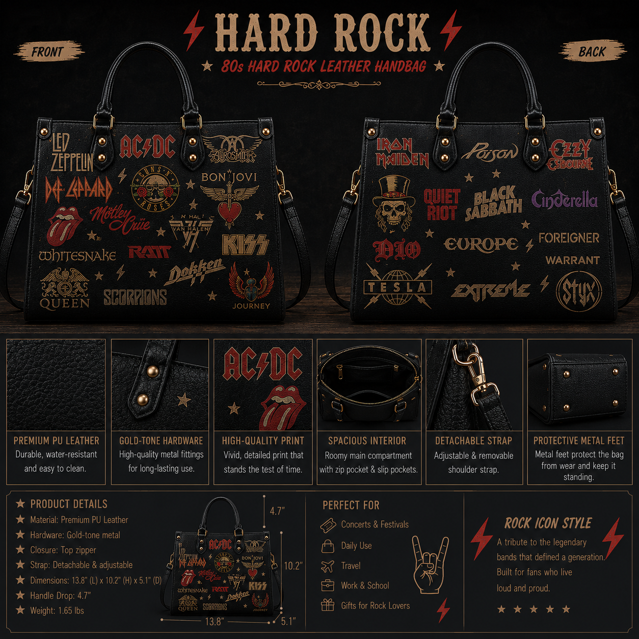 Classic Rock Legends Faux Leather Handbag – Vintage Rock Band Shoulder Tote Bag for Music Lovers