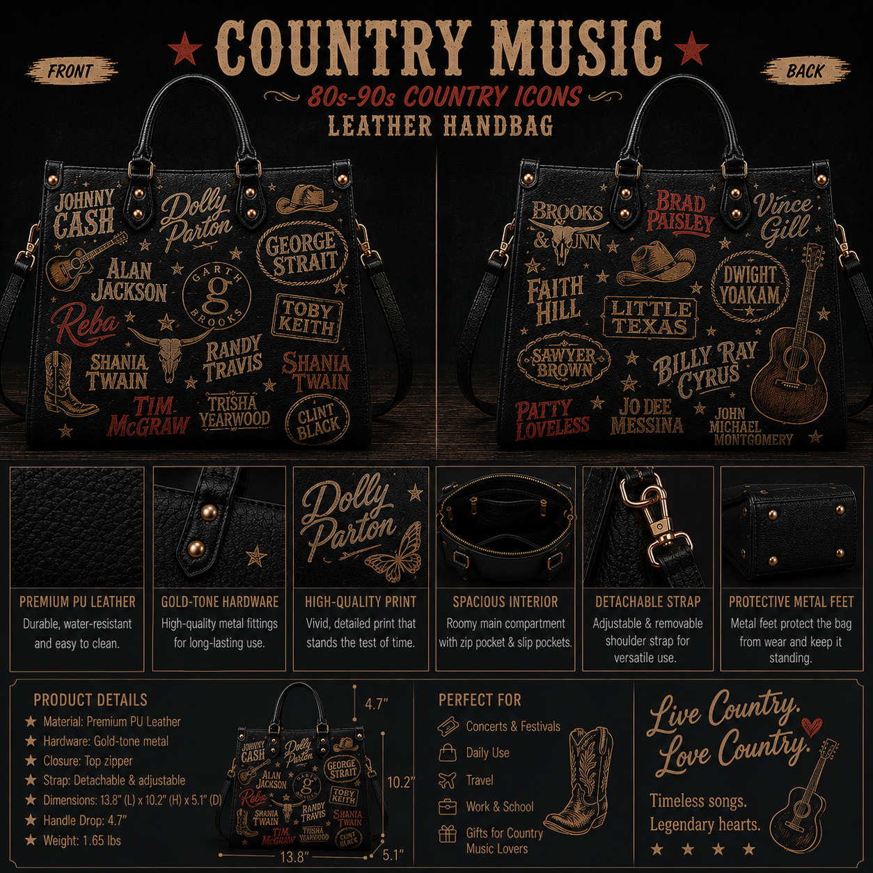 90s Country Music Legends Faux Leather Handbag – Vintage Country Artist Shoulder Tote Bag