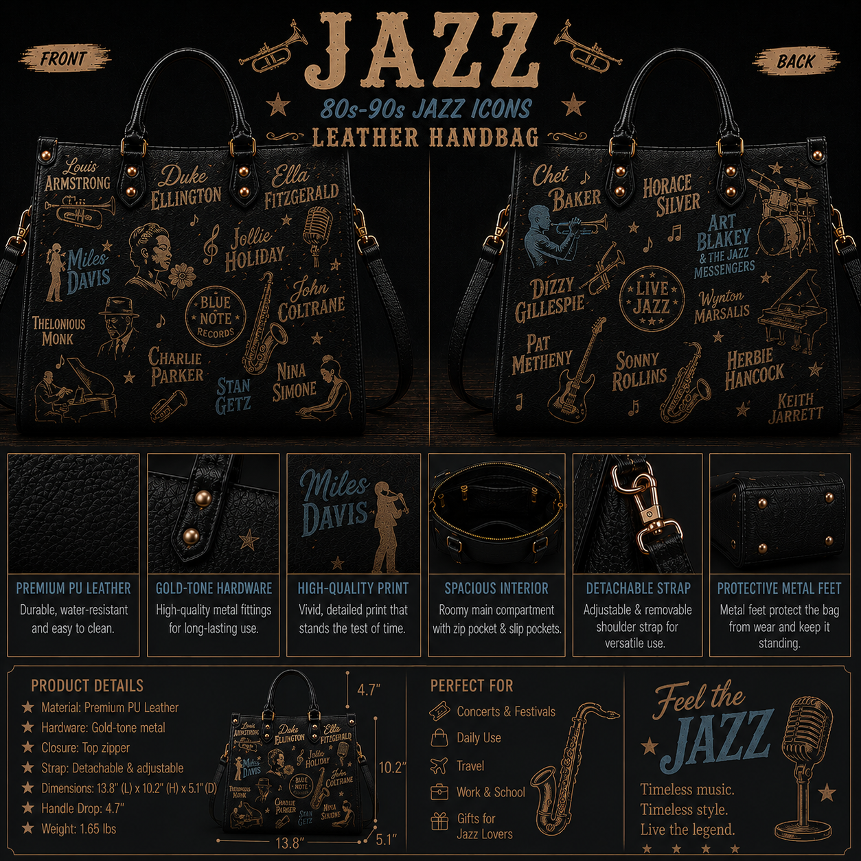 Jazz Legends Faux Leather Handbag – Vintage Music Lover Shoulder Tote Bag for Jazz & Blues Fans