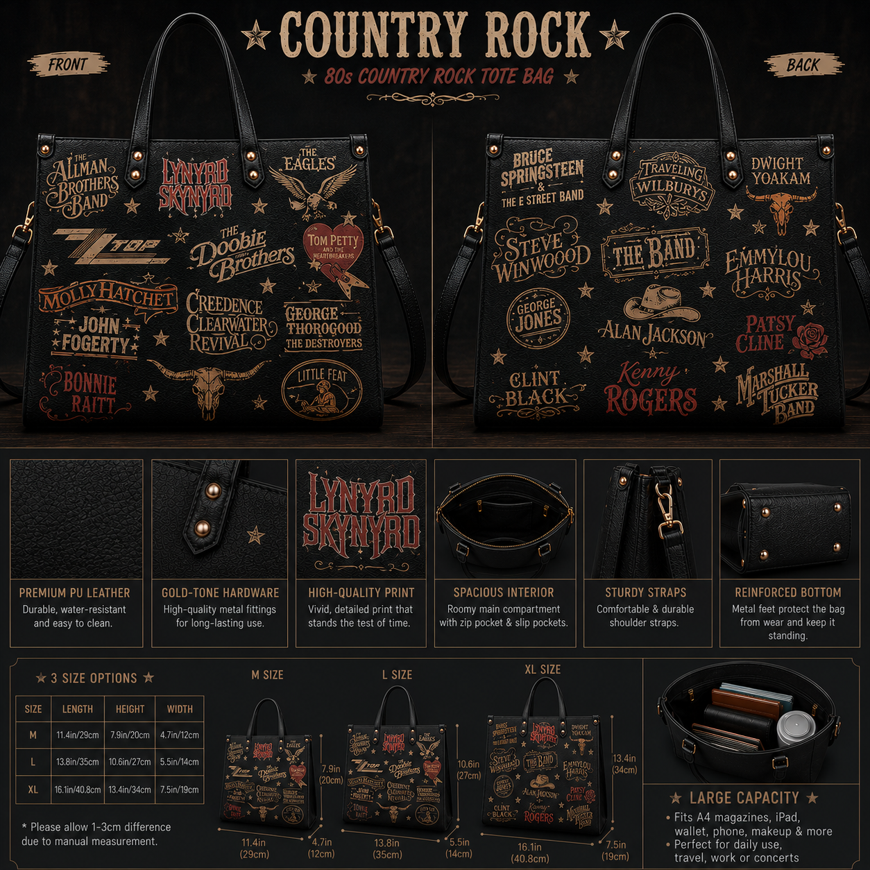 Southern Rock Legends Faux Leather Handbag – Vintage Classic Rock Shoulder Tote Bag for Music Fans