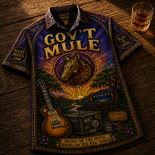 Gov't Mule Hawaiian Shirt - Unisex Stained Glass Soulshine Mule Mascot Button Up