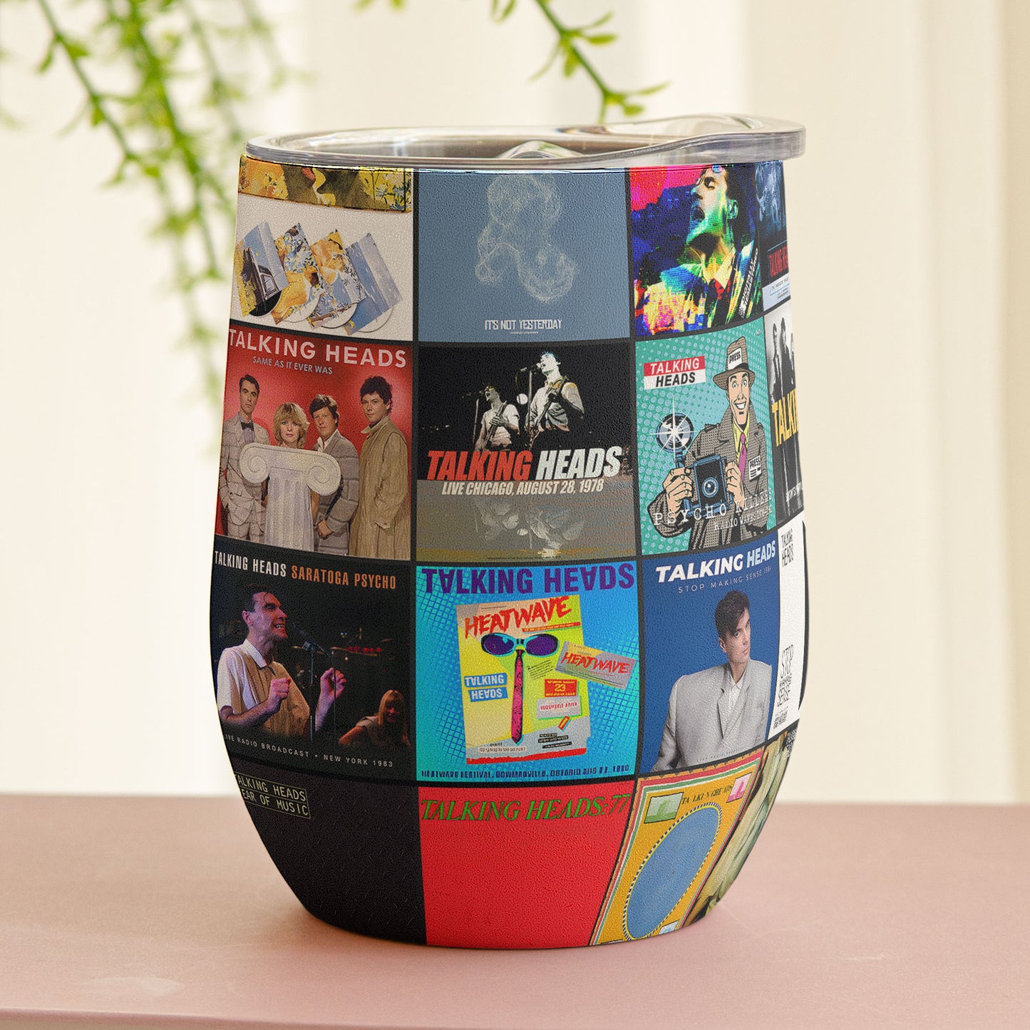 Talking Heads Album Collage Tumbler – Art Rock & New Wave Nostalgia