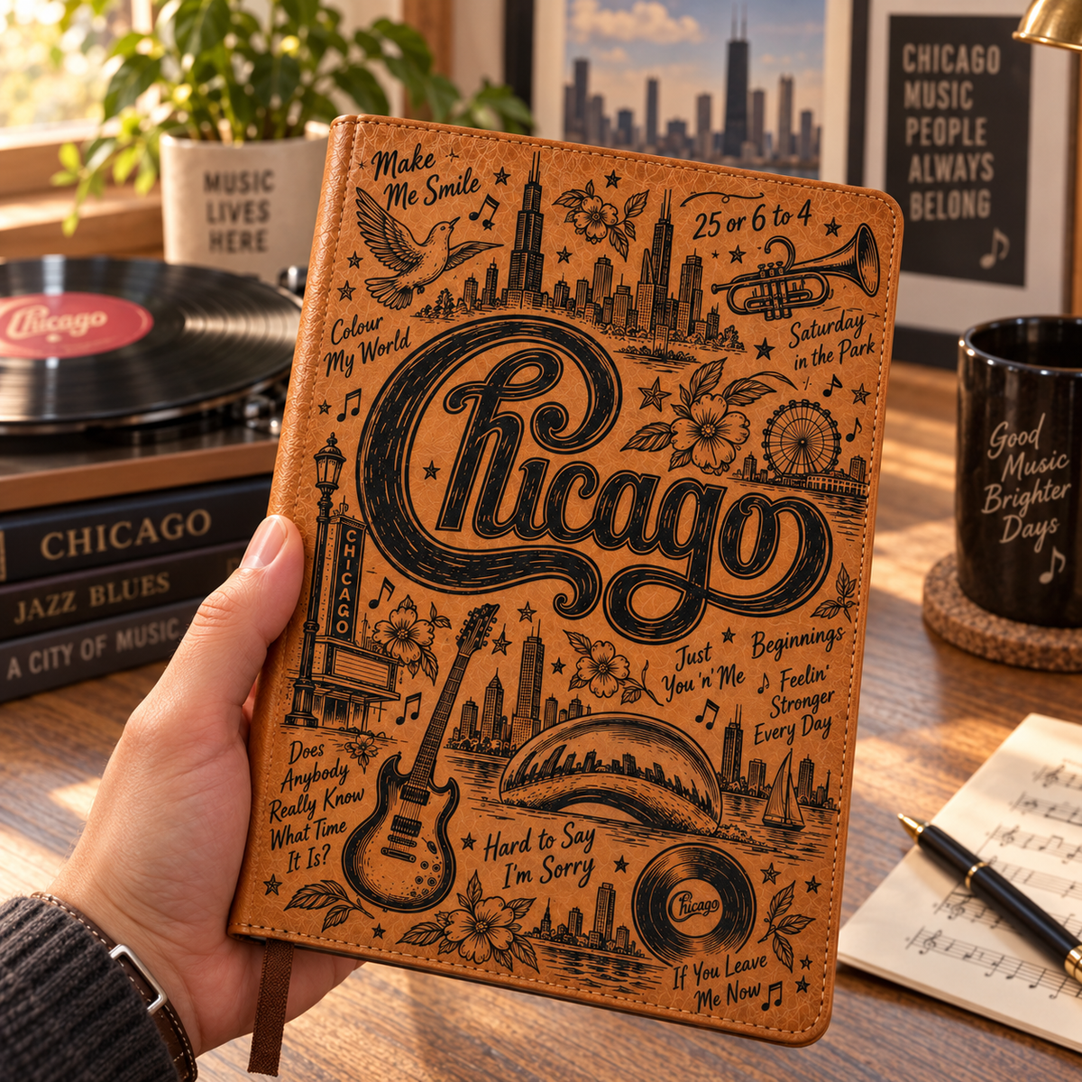 Chicago Band Vintage Vegan Leather Notebook – Classic Horn-Rock Music Journal & Diary