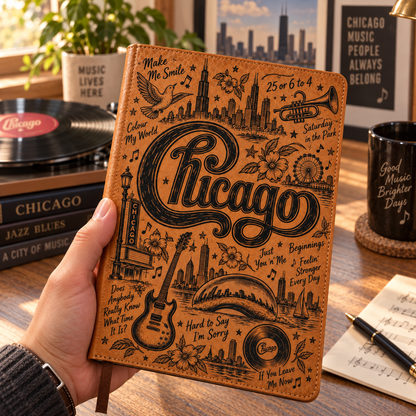 Chicago Band Vintage Vegan Leather Notebook – Classic Horn-Rock Music Journal & Diary