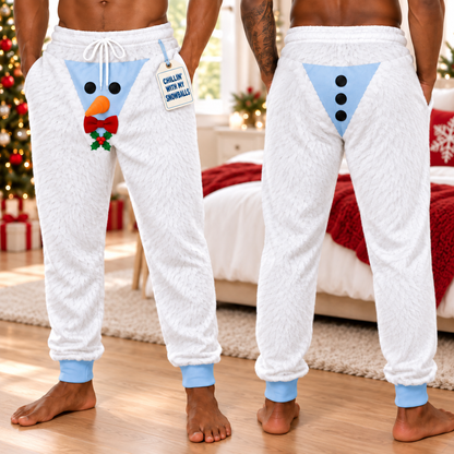 Funny 3D Snowman Sweatpants, Christmas Pajama Joggers for Men, Chillin’ With My Snowballs Holiday Pants, White Fleece Xmas Lounge Pants