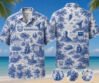 Radiohead Hawaiian Shirt - Unisex Modified Bear Blue White Porcelain Button Up