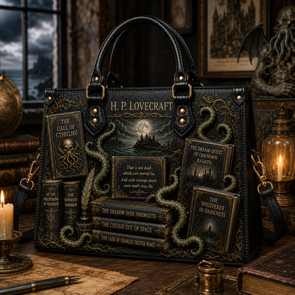 H.P. Lovecraft Cthulhu Gothic Tote Bag – Cosmic Horror Book Lover Handbag, Dark Academia Zippered Shoulder Bag, Lovecraft Literary Gift