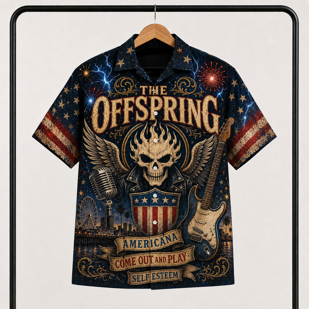 The Offspring Hawaiian Shirt - Unisex Vintage Fiery Winged Skull Americana Button Up