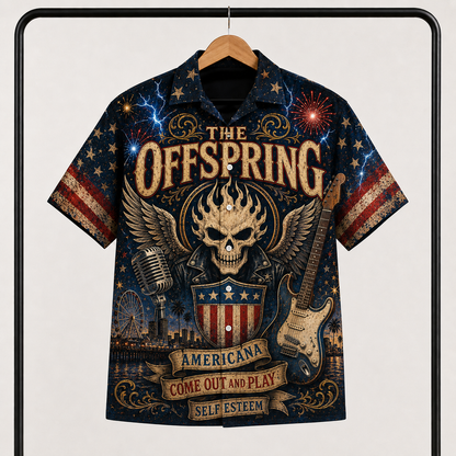 The Offspring Hawaiian Shirt - Unisex Vintage Fiery Winged Skull Americana Button Up