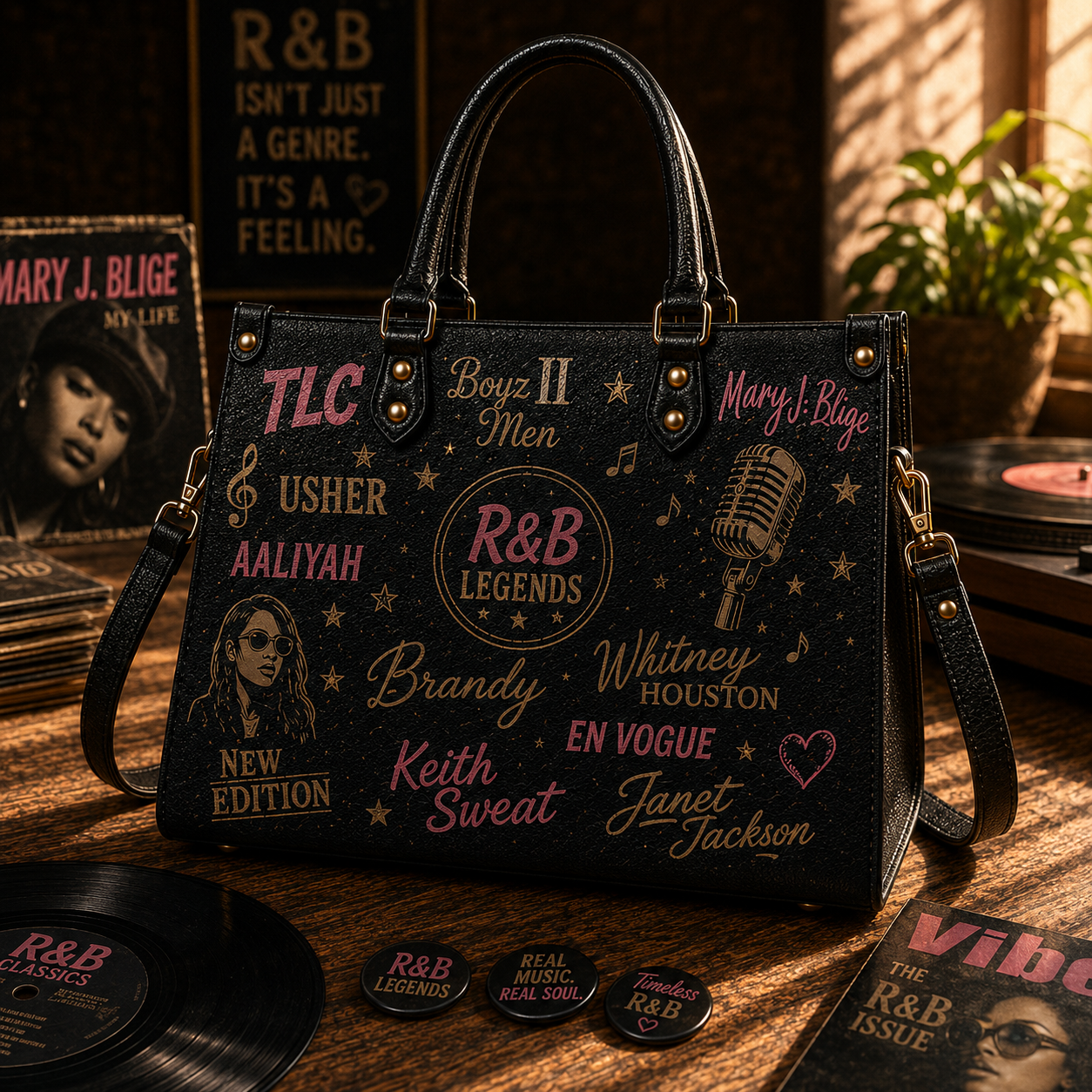 R&B Legends Faux Leather Handbag – Vintage Soul & R&B Music Shoulder Tote Bag for Music Lovers