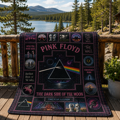 Pink Floyd Quilt Blanket – Dark Side of the Moon Sherpa Throw, Vintage Patchwork Rock Blanket, Classic Music Fan Gift