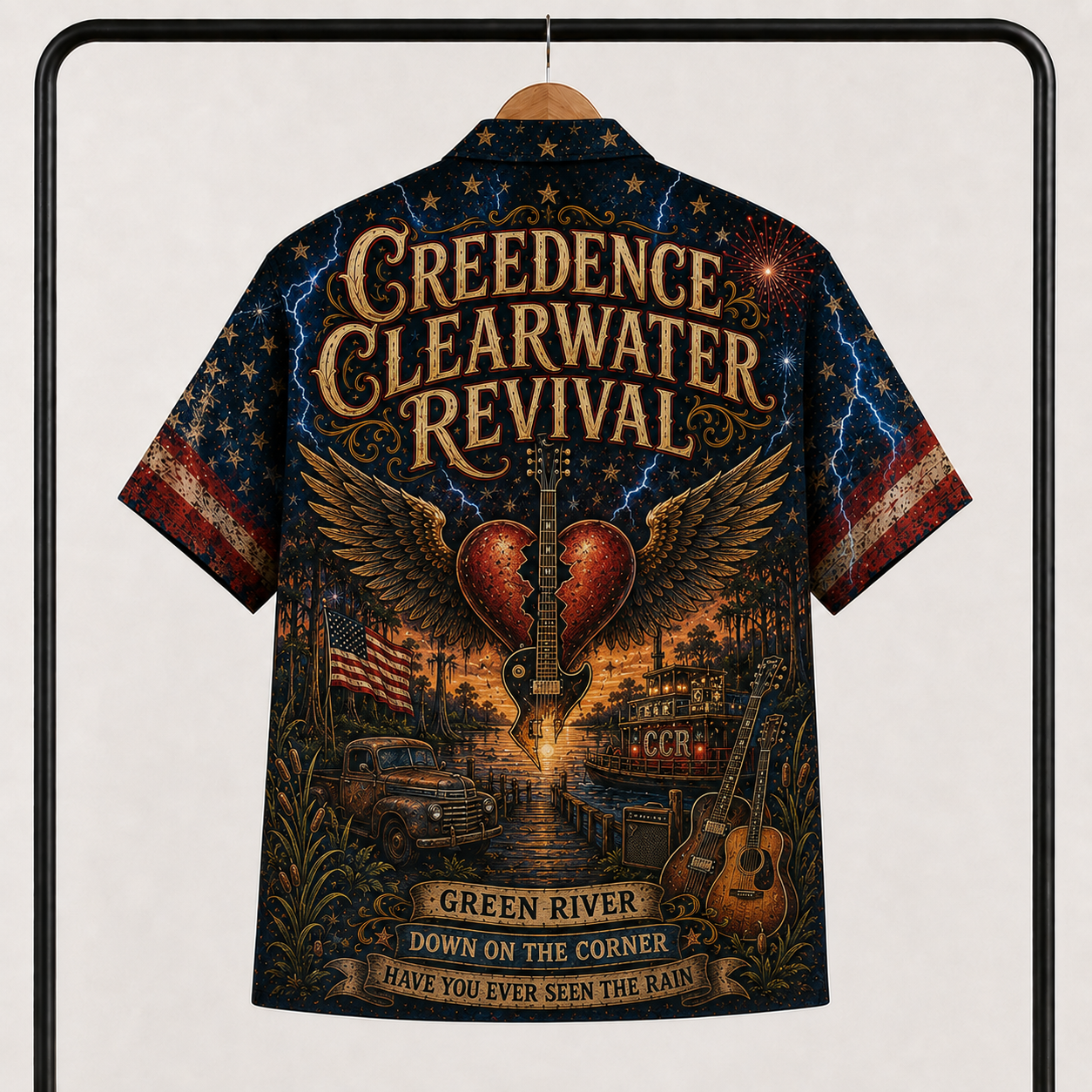 Creedence Clearwater Revival Hawaiian Shirt - Unisex Winged Heart Guitar CCR Button Up