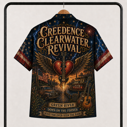 Creedence Clearwater Revival Hawaiian Shirt - Unisex Winged Heart Guitar CCR Button Up