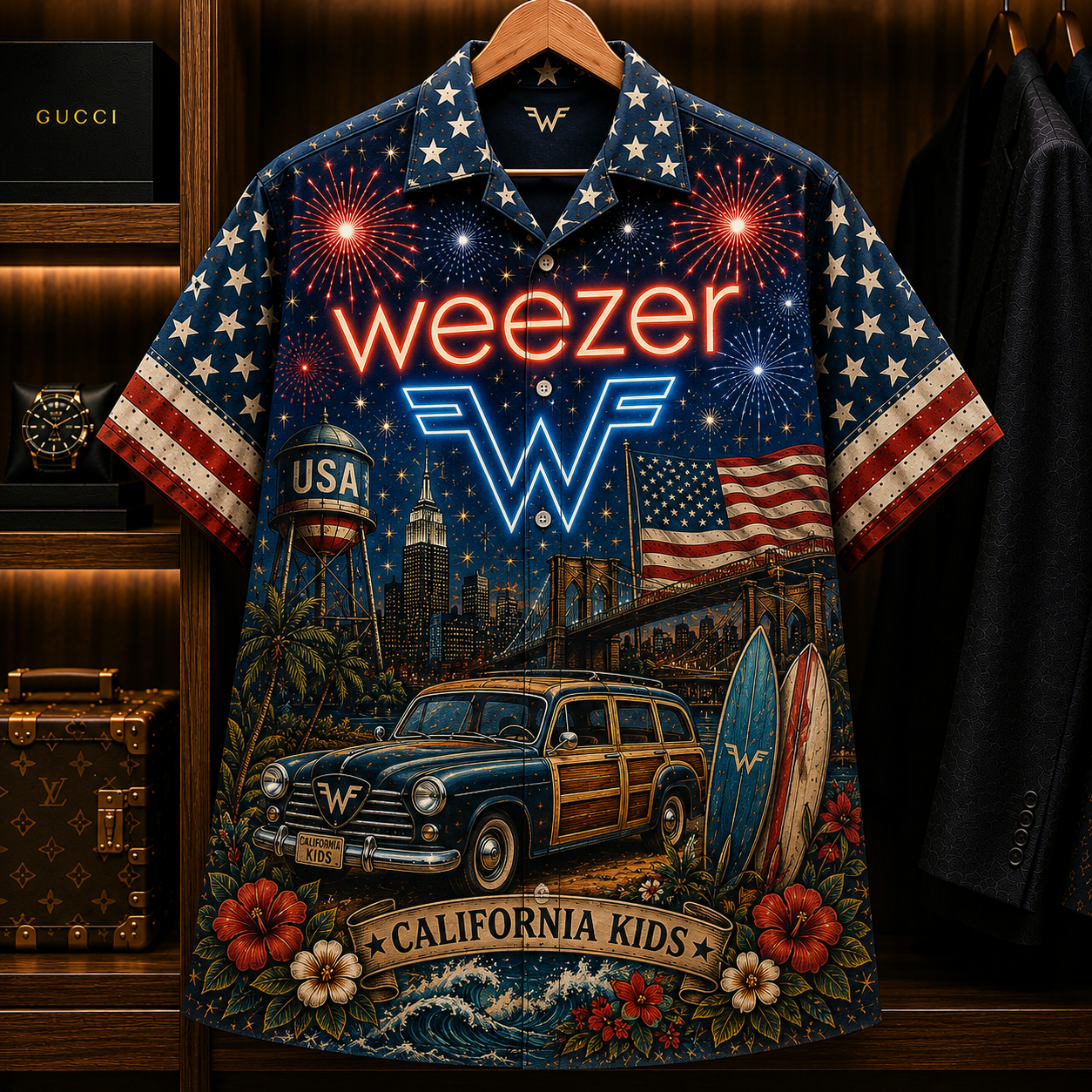Weezer Band Hawaiian Shirt - Unisex Vintage Flying W Logo California Kids Button Up