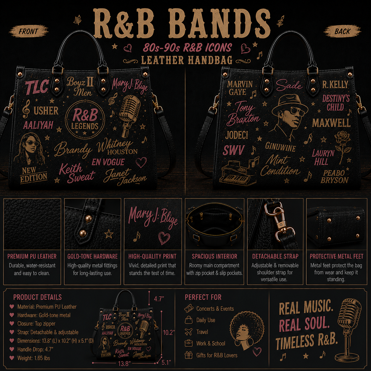R&B Legends Faux Leather Handbag – Vintage Soul & R&B Music Shoulder Tote Bag for Music Lovers