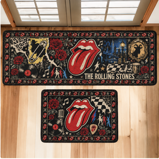 Rolling Stones Retro Runner Rug Set, Tongue & Lips Rock Music Floor Mat, Vintage Rock Entryway Rug, Stones Fan Home Decor