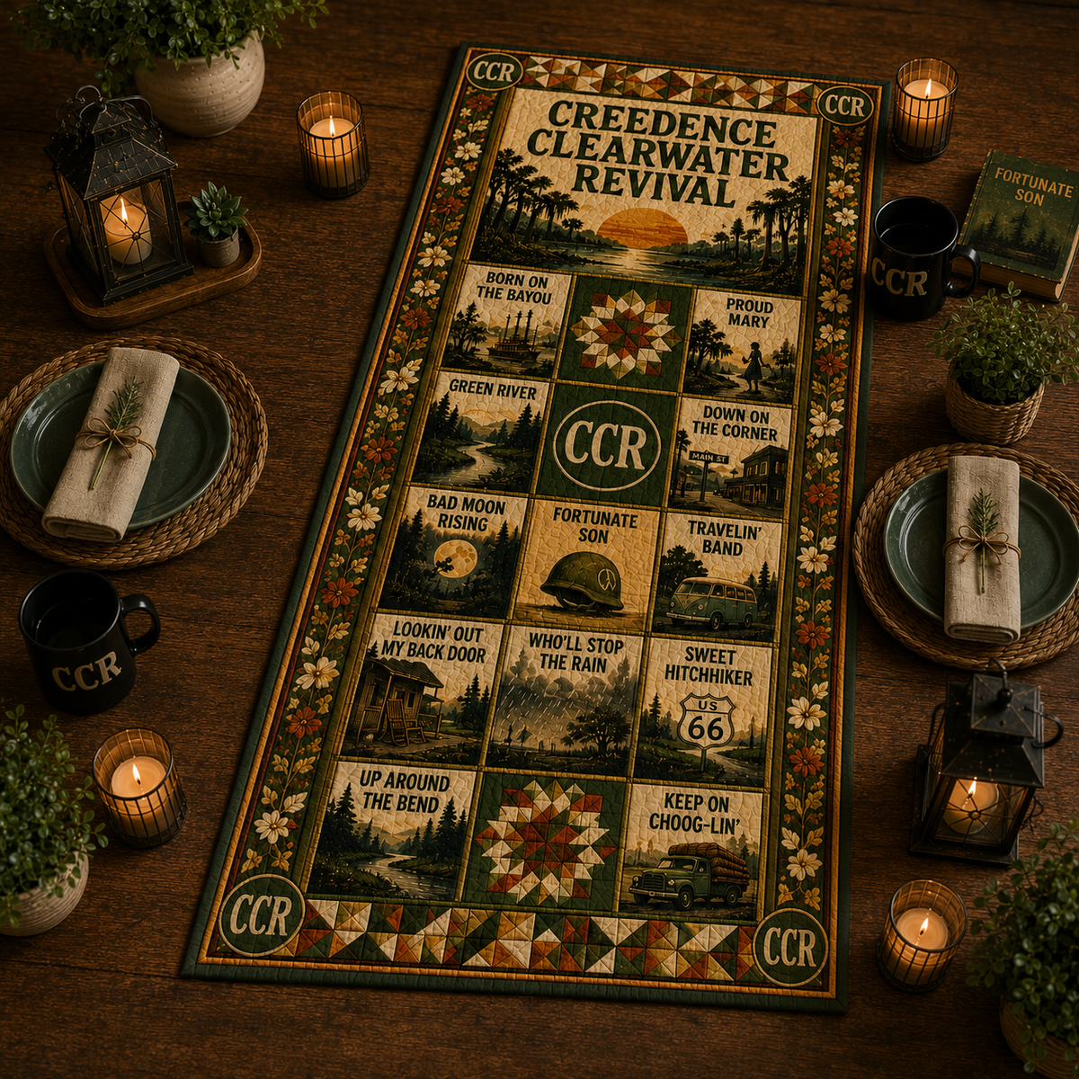 Creedence Clearwater Revival Halloween Table Runner – CCR Quilted Fall Music Table Decor for Classic Rock Fans