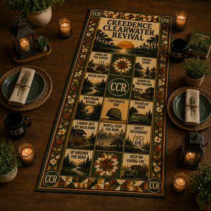 Creedence Clearwater Revival Halloween Table Runner – CCR Quilted Fall Music Table Decor for Classic Rock Fans