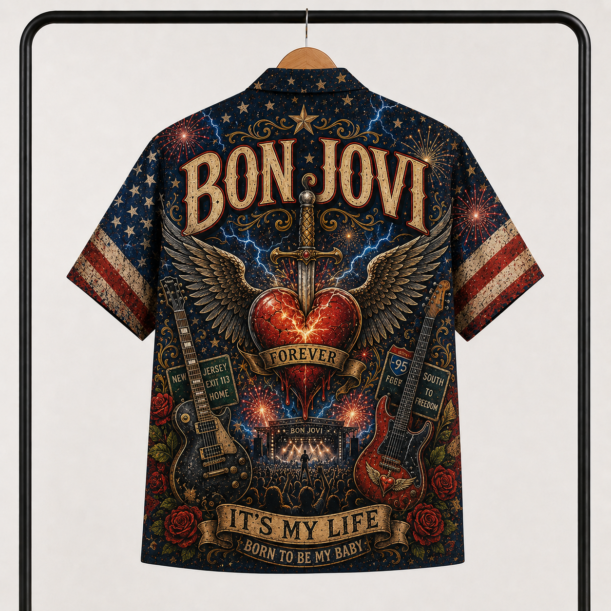 Bon Jovi Hawaiian Shirt - Unisex Vintage Winged Heart Dagger New Jersey Button Up