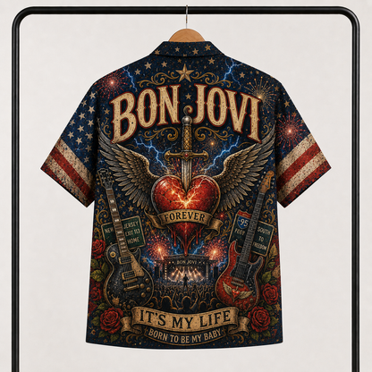 Bon Jovi Hawaiian Shirt - Unisex Vintage Winged Heart Dagger New Jersey Button Up