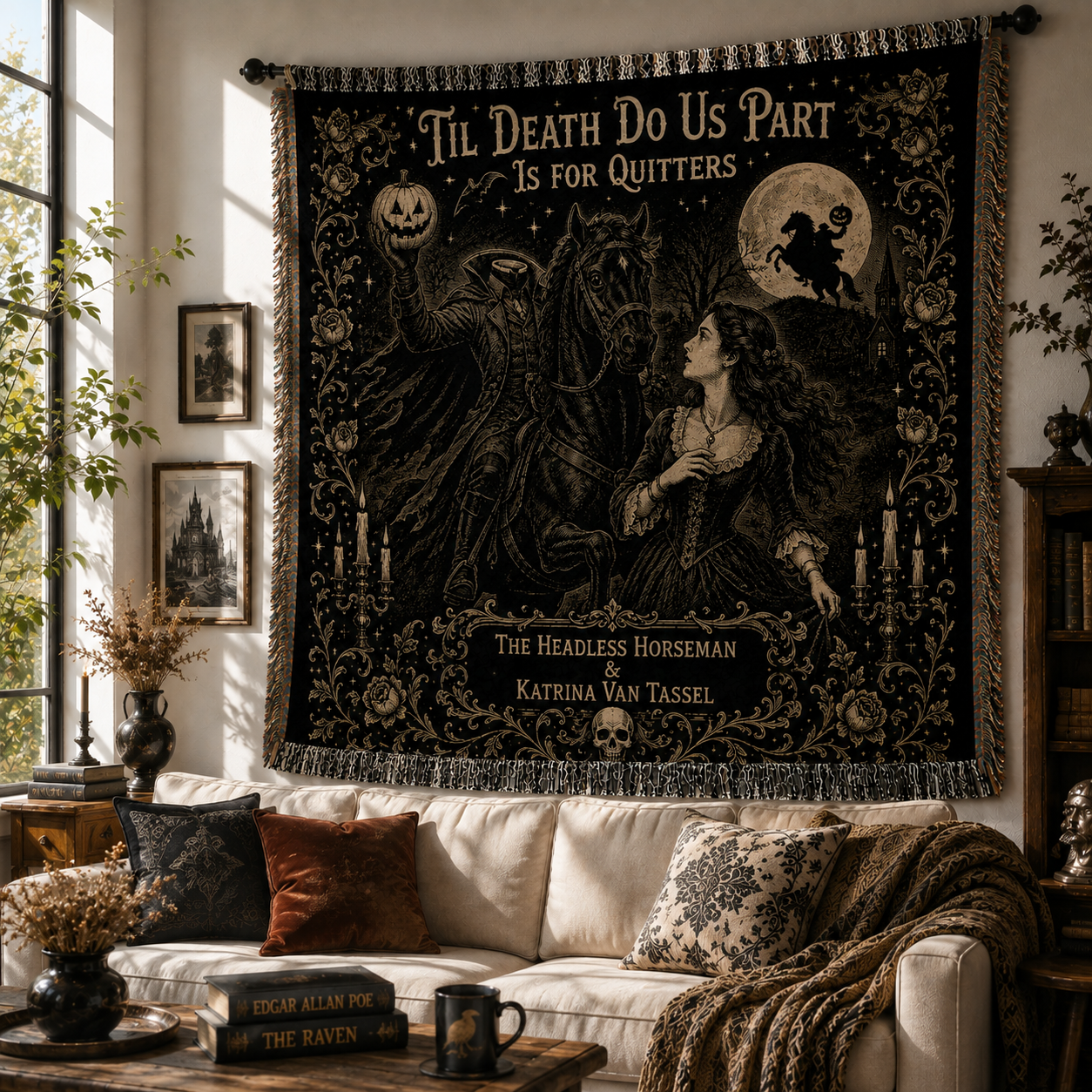 Headless Horseman & Katrina Van Tassel Woven Blanket, Sleepy Hollow Gothic Throw Blanket, Halloween Wall Tapestry, Horror Home Decor Gift