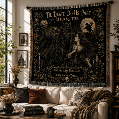 Headless Horseman & Katrina Van Tassel Woven Blanket, Sleepy Hollow Gothic Throw Blanket, Halloween Wall Tapestry, Horror Home Decor Gift