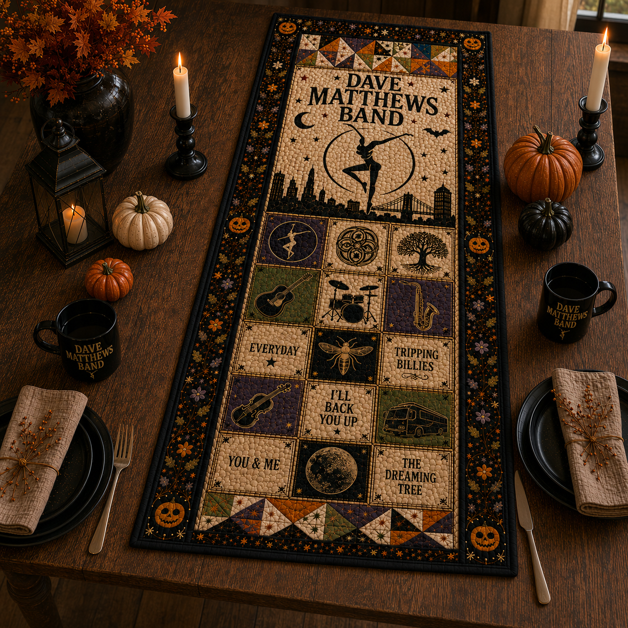 Dave Matthews Band Halloween Table Runner – Quilted Fall Music Table Decor for DMB Fans