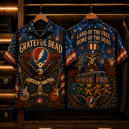 Grateful Dead Hawaiian Shirt - Patriotic American Rock Band All Over Print AOP Button Up Shirt for Deadhead Fans