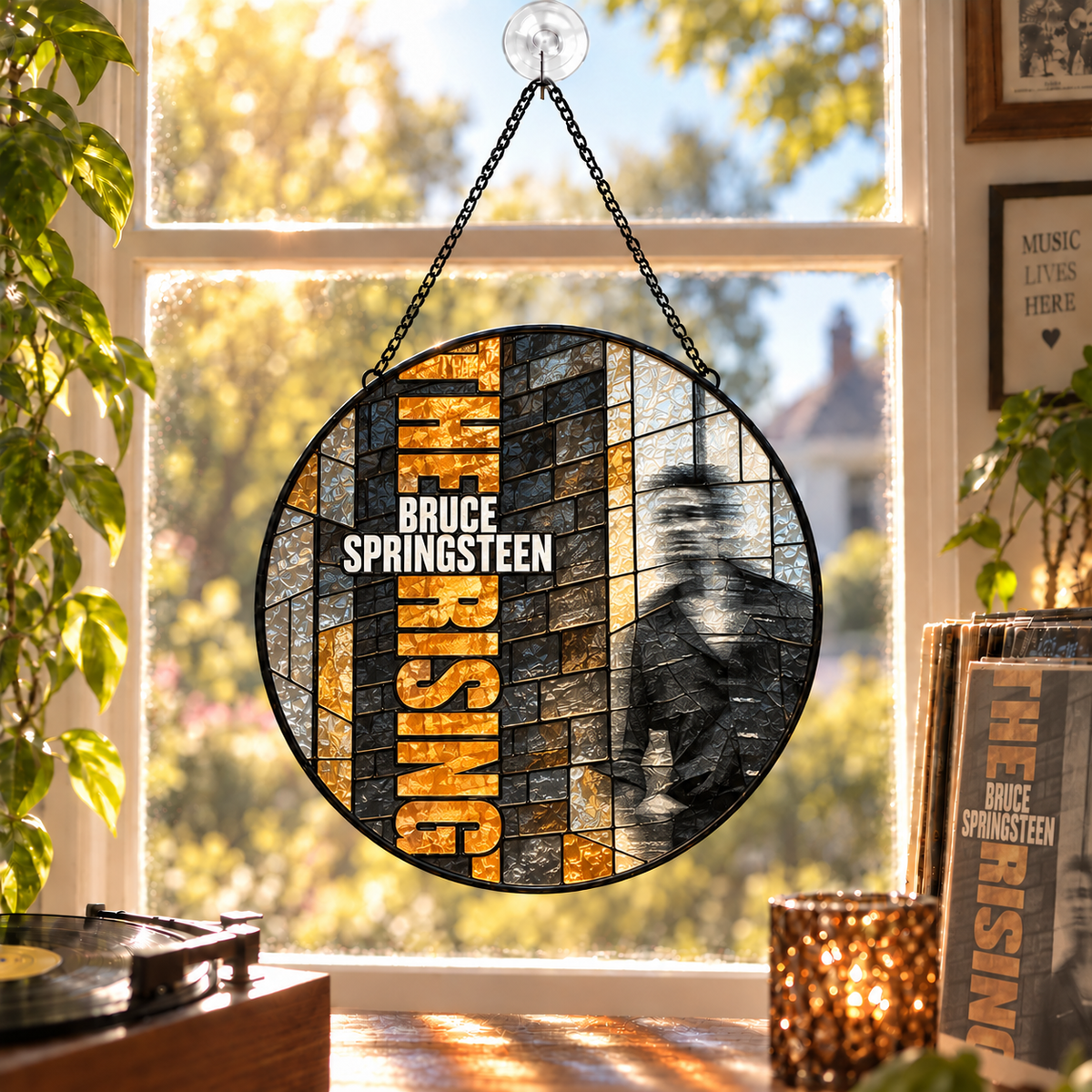 Bruce Springsteen Iconic Album Cover Stained Glass Sun Catcher – The Boss Rock Music Window Hanging Gift