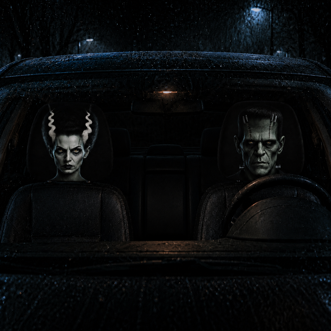 Frankenstein & Bride of Frankenstein Car Headrest Cover Set – Horror Couple Halloween Auto Decor