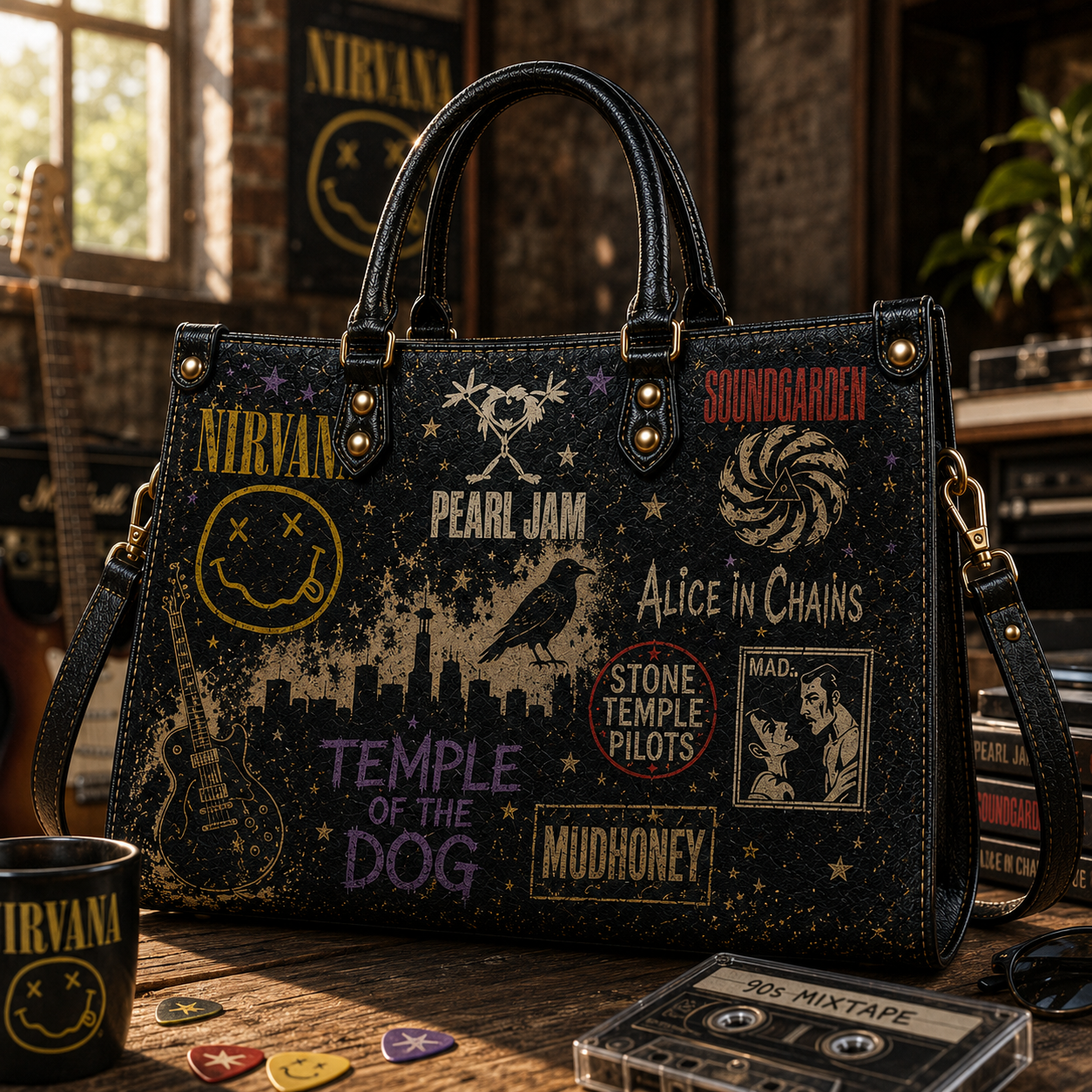 90s Grunge Rock Faux Leather Handbag – Vintage Seattle Sound Music Lover Tote Bag