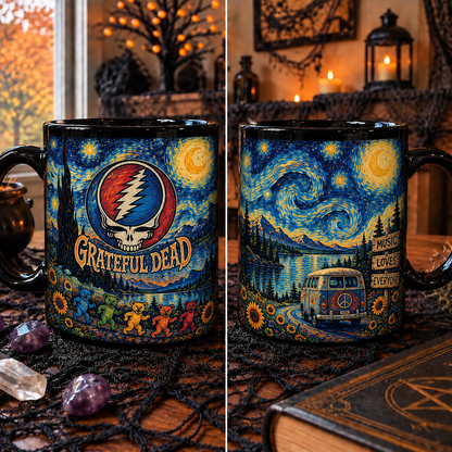 Grateful Dead Van Gogh Art Mug – Steal Your Face & Dancing Bears Starry Night Mug, Psychedelic Deadhead Coffee Cup, Rock Fan Gift