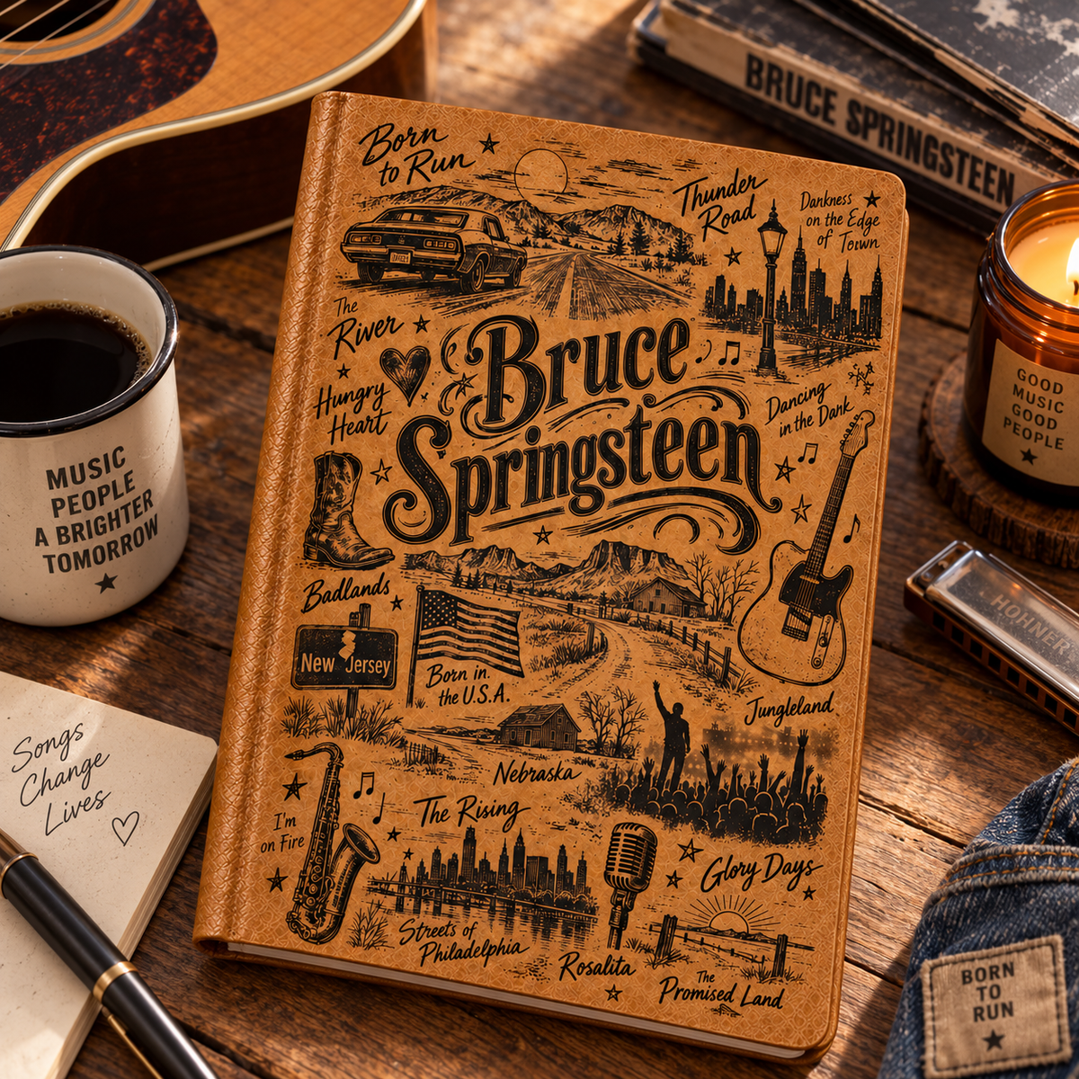 Bruce Springsteen Vintage Vegan Leather Notebook – Heartland Rock Music Journal & Diary