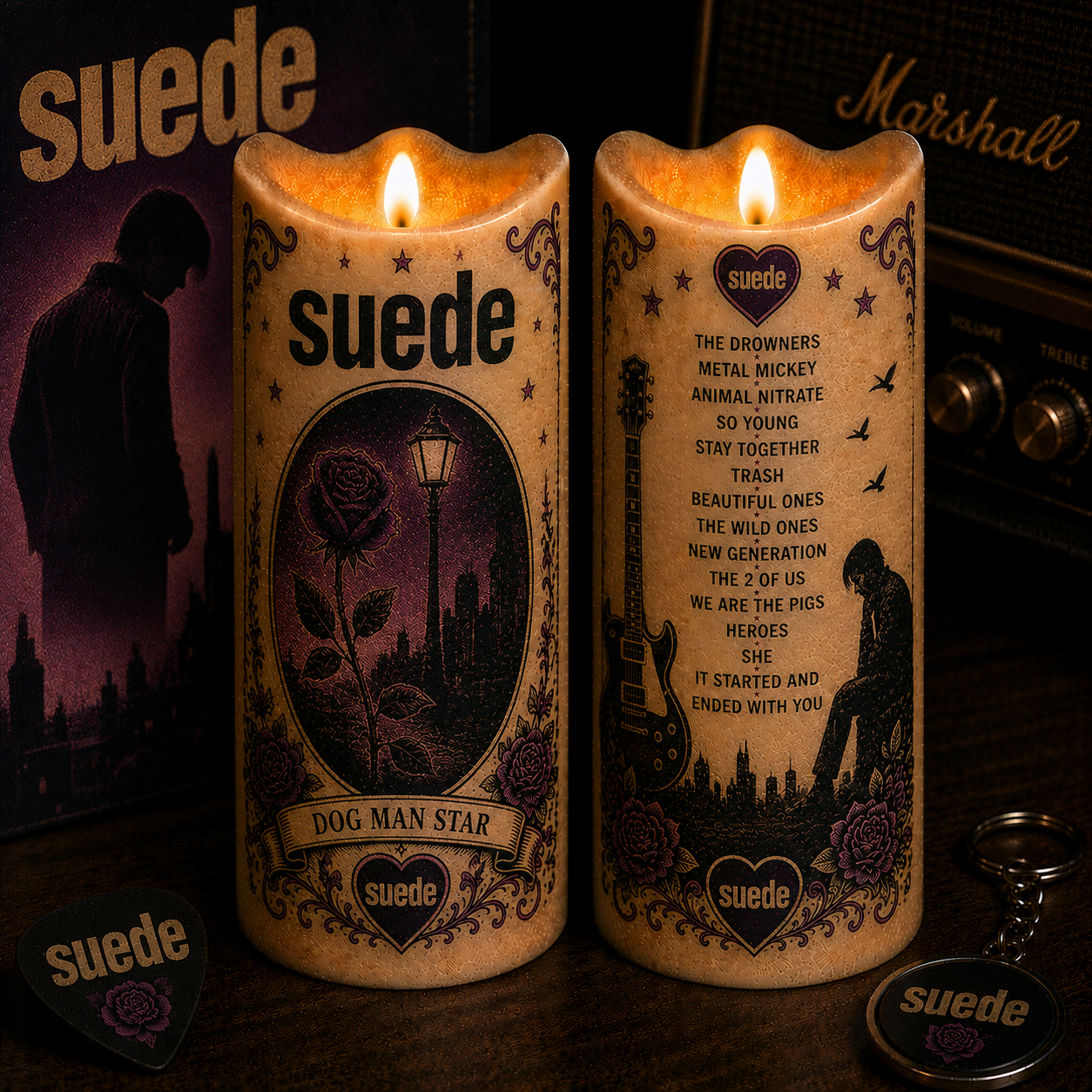 Suede Dog Man Star Flameless LED Candle, Suede Band Inspired LED Candle, Britpop Music Gift, Battery Operated Candle, Suede Fan Home Decor