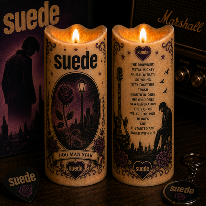Suede Dog Man Star Flameless LED Candle, Suede Band Inspired LED Candle, Britpop Music Gift, Battery Operated Candle, Suede Fan Home Decor