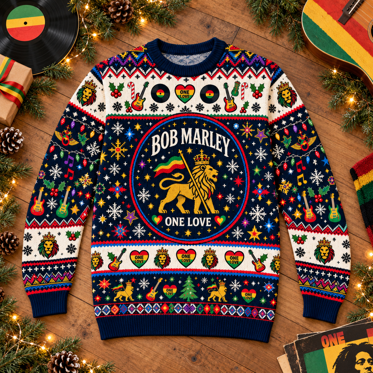Bob Marley One Love Christmas Wool Sweater, Reggae Lion Holiday Knit Pullover, Rasta Music Ugly Christmas Crewneck