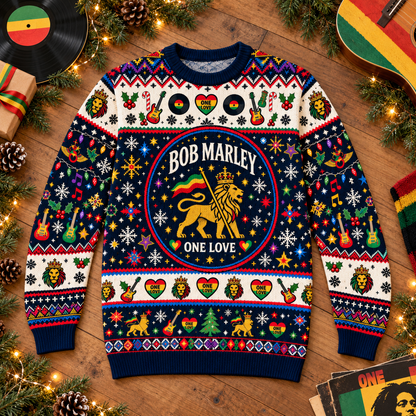 Bob Marley One Love Christmas Wool Sweater, Reggae Lion Holiday Knit Pullover, Rasta Music Ugly Christmas Crewneck