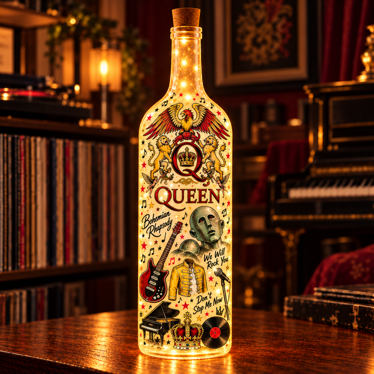 Queen Lighted Bottle Lamp, Bohemian Rhapsody Rock Decor, Freddie Mercury Fan Gift, Classic Rock LED Bottle Light, Music Room Decor