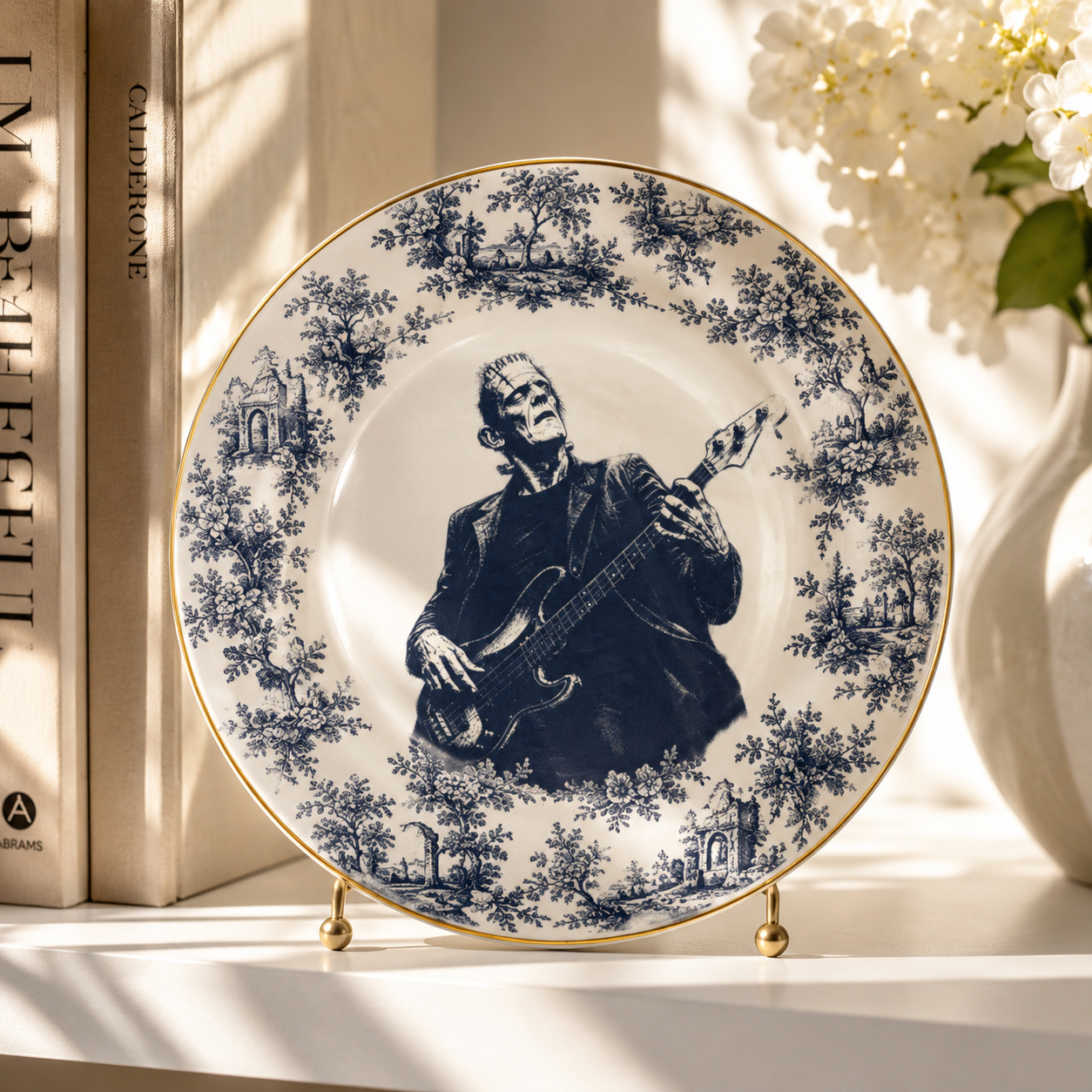 Frankenstein Ceramic Jewelry Dish – Vintage Blue Floral Gothic Trinket Tray