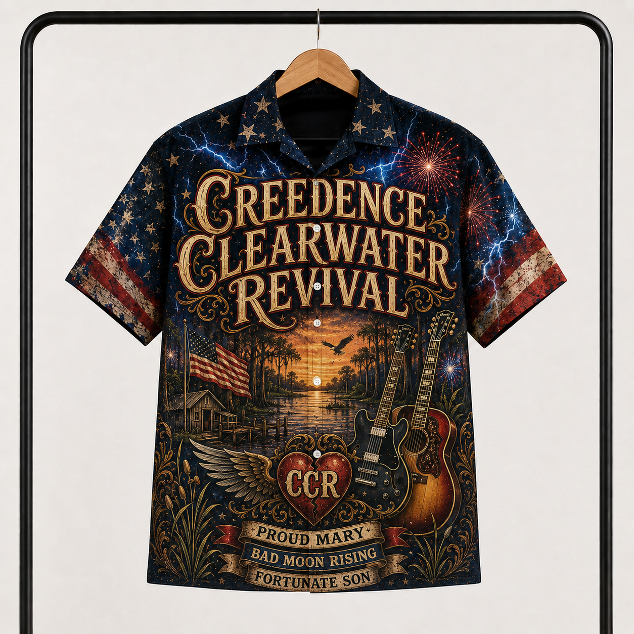 Creedence Clearwater Revival Hawaiian Shirt - Unisex Winged Heart Guitar CCR Button Up