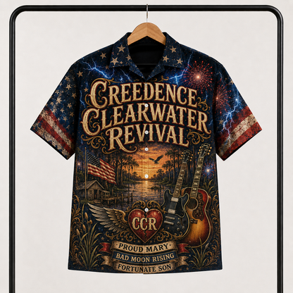 Creedence Clearwater Revival Hawaiian Shirt - Unisex Winged Heart Guitar CCR Button Up
