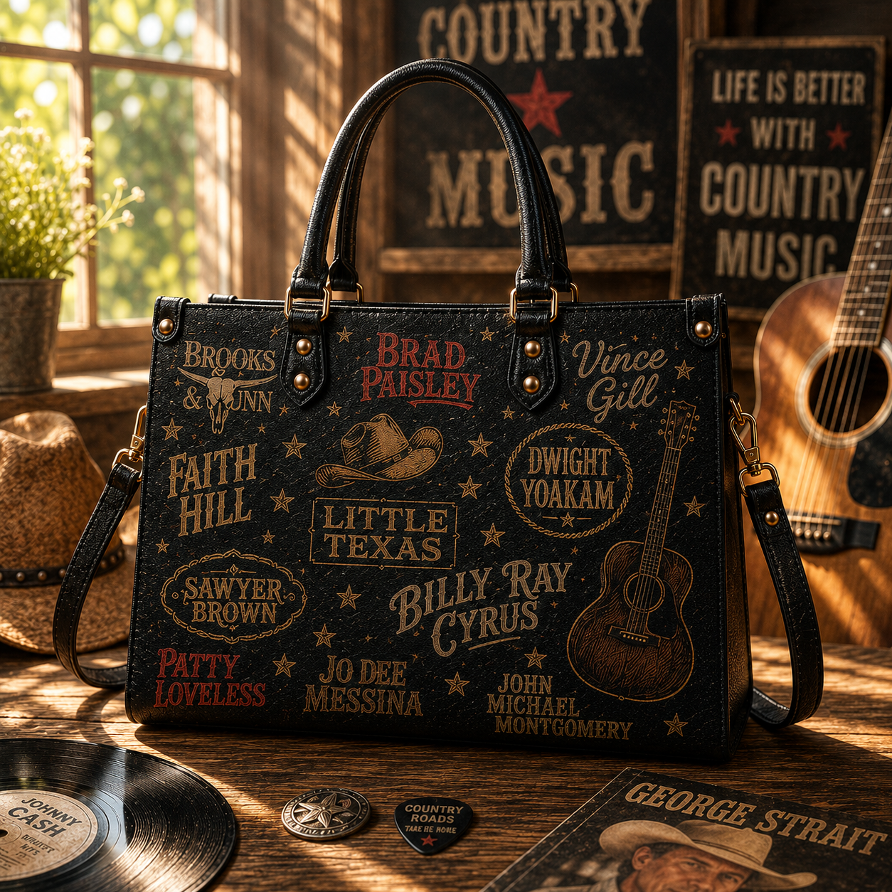 90s Country Music Legends Faux Leather Handbag – Vintage Country Artist Shoulder Tote Bag