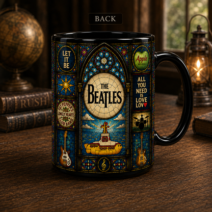 The Beatles Stained Glass Black Coffee Mug – 15oz Ceramic Mug for Classic Rock Fans