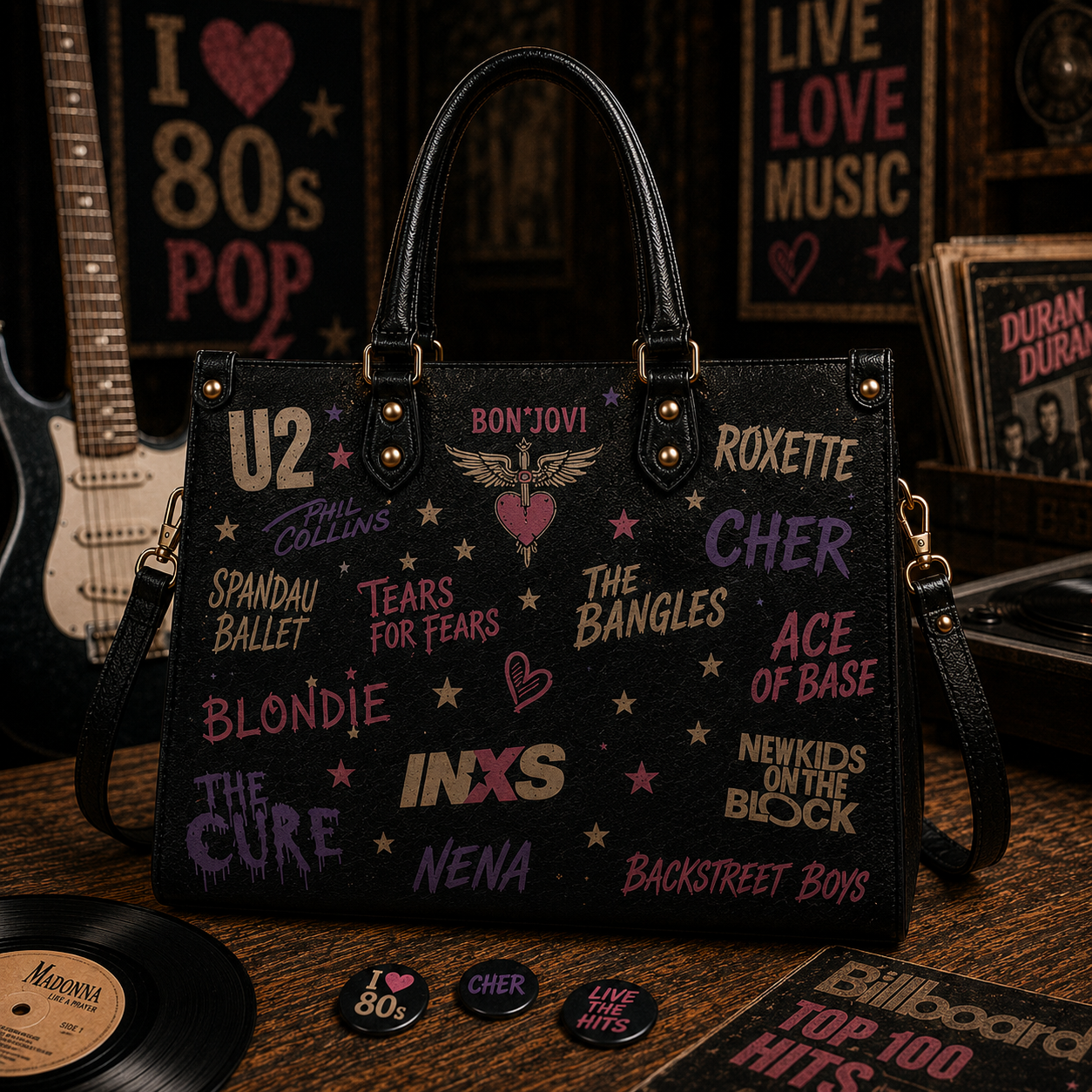 80s Pop Icons Faux Leather Handbag – Vintage Retro Music Shoulder Tote Bag for 80s Music Lovers